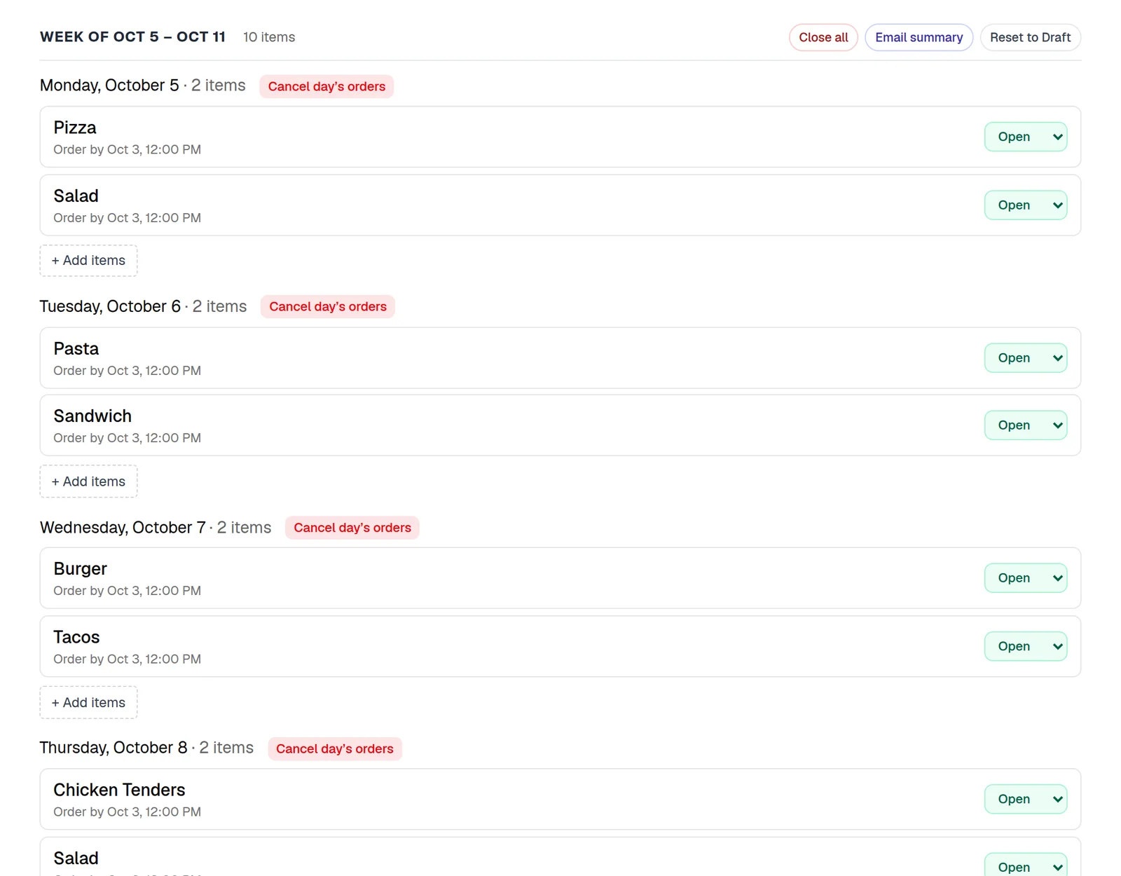 The admin calendar: a week of lunch days, each with its menu items, order deadline and open or closed status.