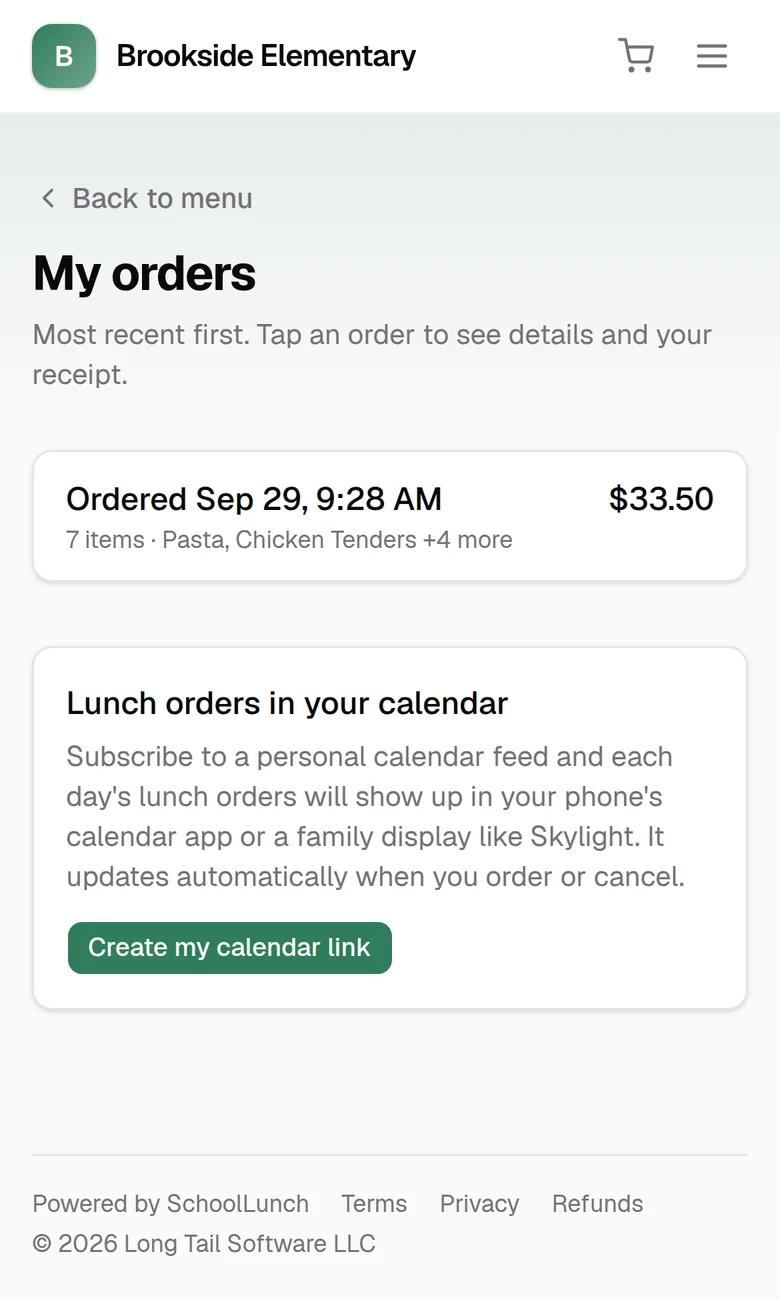 The parent's orders page with an option to add lunch orders to a phone calendar.