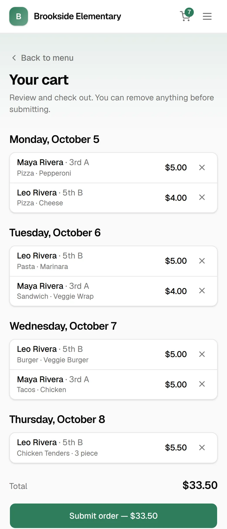 The cart on a phone: four days of lunches for two children, each labeled with the child's name and class.