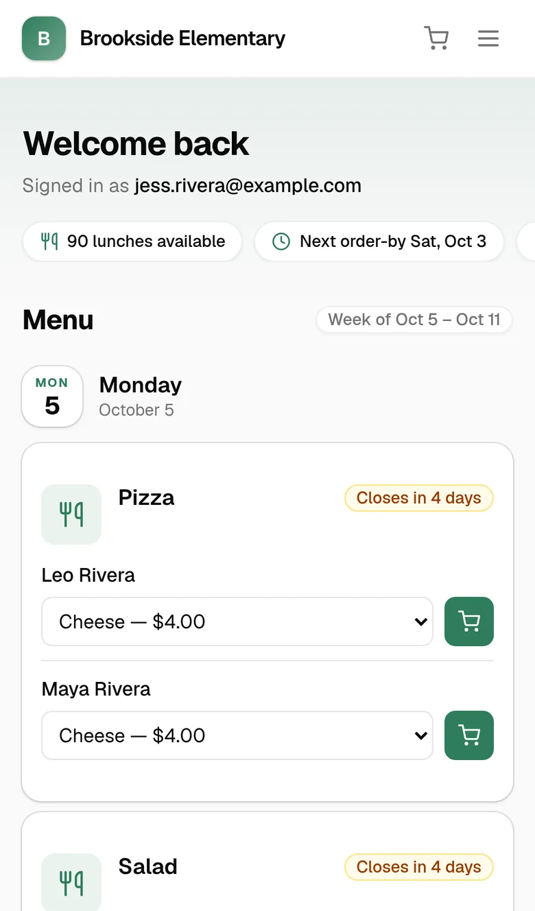 The school's menu on a phone, with a choice and an add-to-cart button for each of two children.